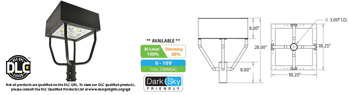 LED - 18" Square Post Top Parking / Area Light Fixture - 150W